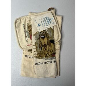 Vtg 3 Piece KITCHEN towel Set Dog Humor B**ch Pot Holder Dish Cloth Gibson MCM